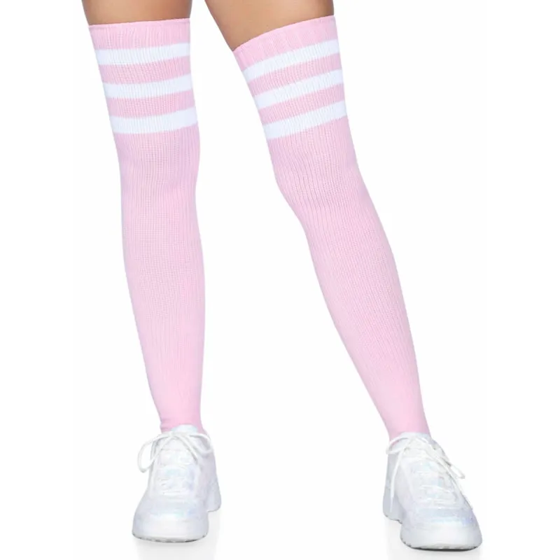 3 Stripes Athletic Ribbed Thigh Highs - One Size - - One Size - Light Pink