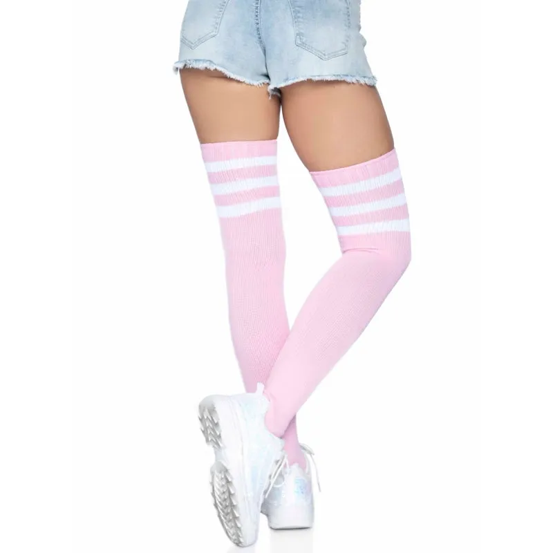 3 Stripes Athletic Ribbed Thigh Highs - One Size - - One Size - Light Pink