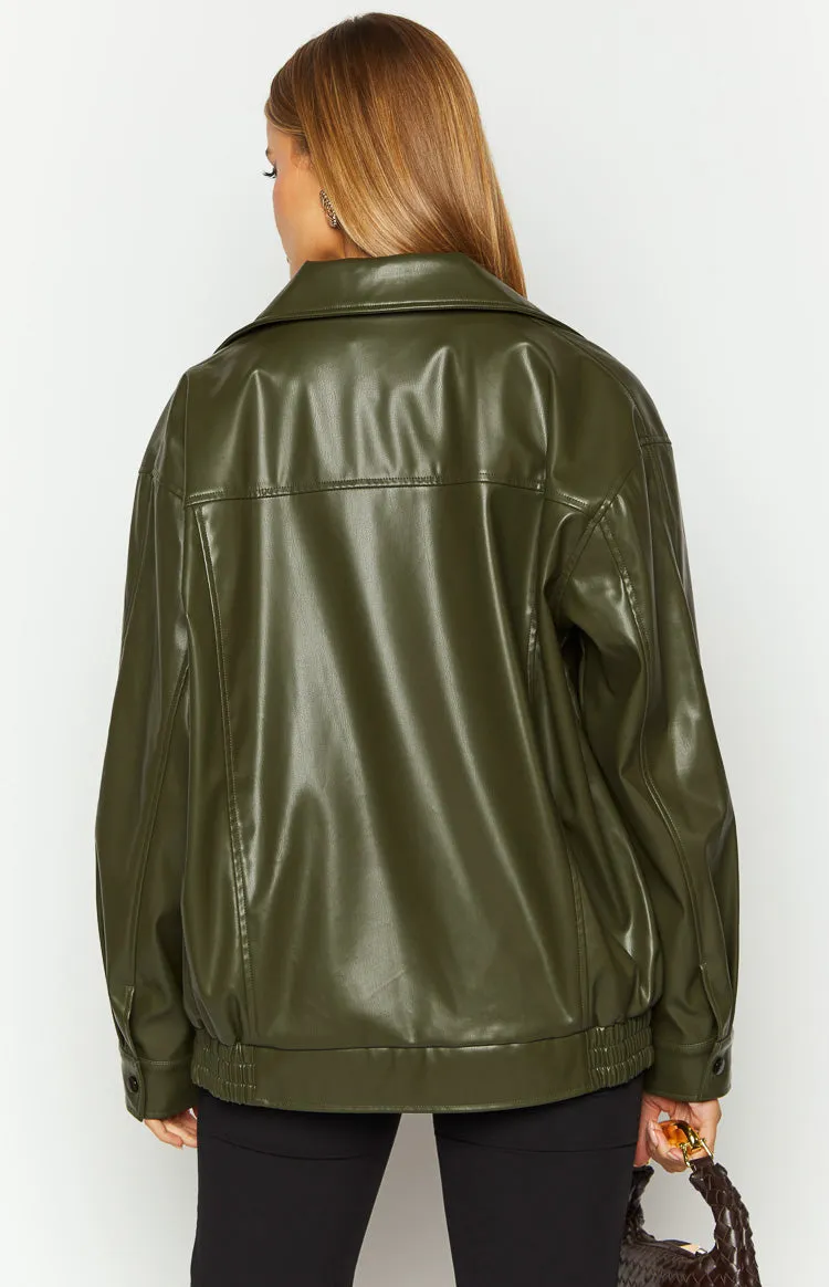 Abbi PU Olive Bomber Jacket