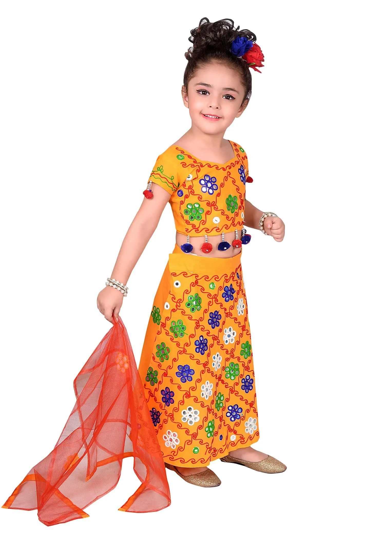 Ahhaaaa Girls Cotton Radha Dress Lehenga-Choli Chania Choli with Dupatta Set