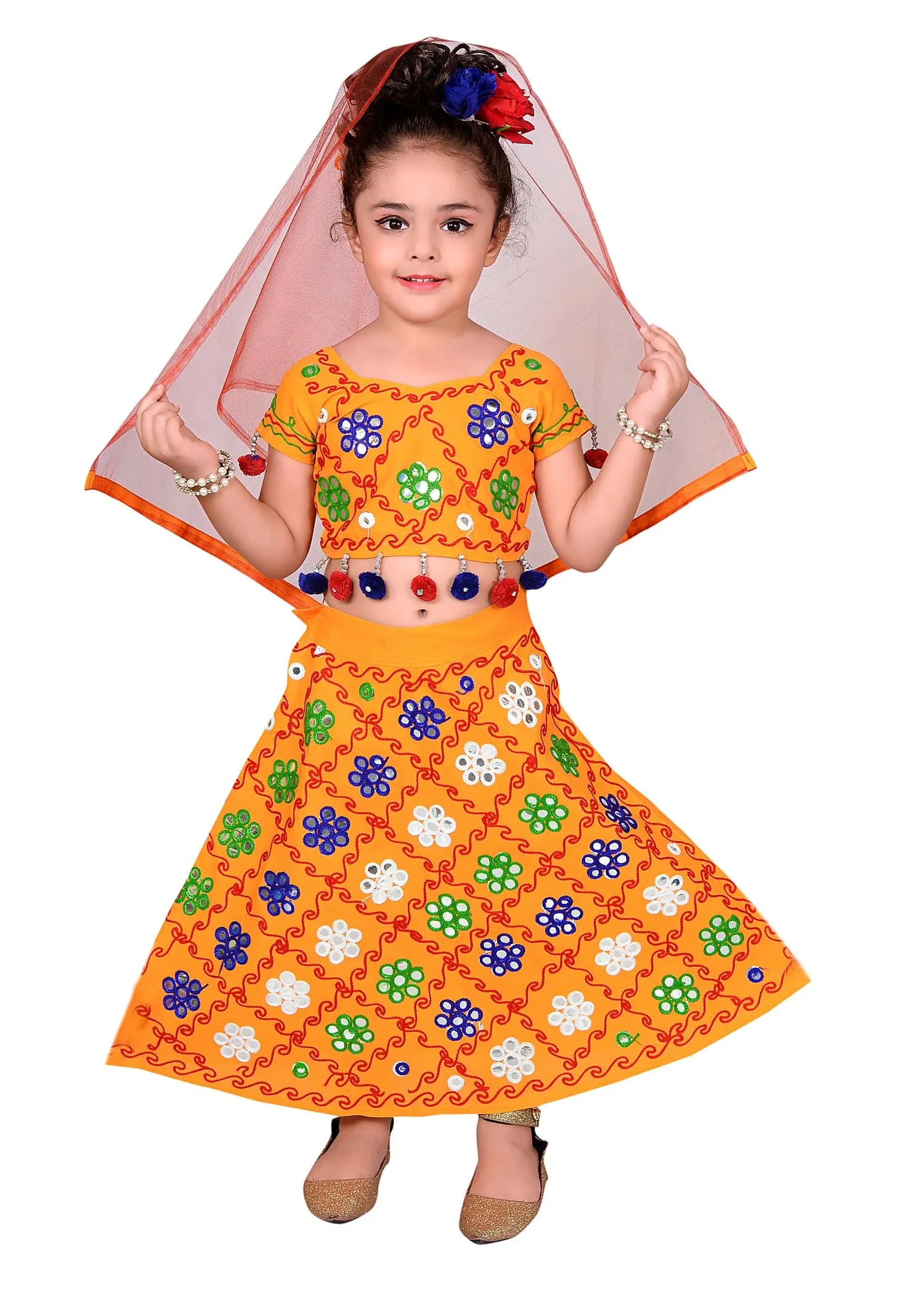 Ahhaaaa Girls Cotton Radha Dress Lehenga-Choli Chania Choli with Dupatta Set