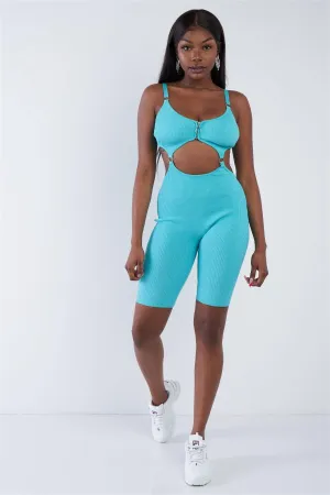 Aqua Blue Front Zipper V-Neck Sporty Chic Biker Romper /3-2-1