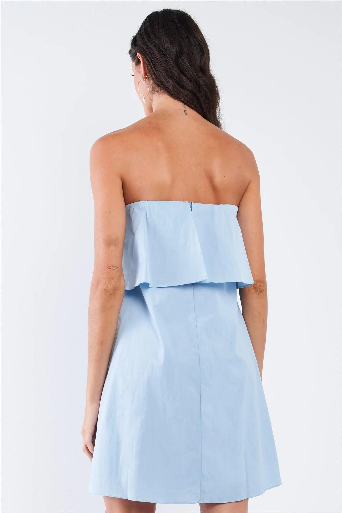 Baby Blue Sleeveless Relaxed Fit Tube Ruffle Chest Hem Mini Dress