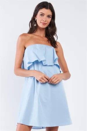 Baby Blue Sleeveless Relaxed Fit Tube Ruffle Chest Hem Mini Dress