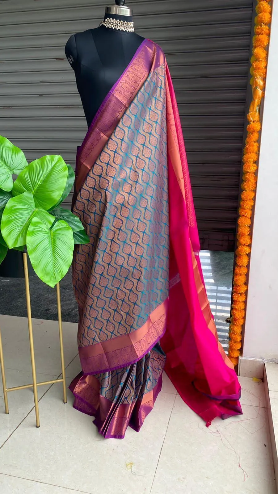 Banarasi Blue and pink silk saree with blouse