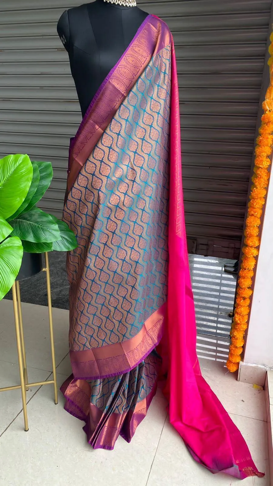 Banarasi Blue and pink silk saree with blouse