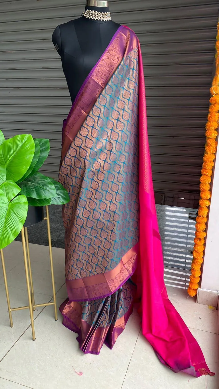 Banarasi Blue and pink silk saree with blouse