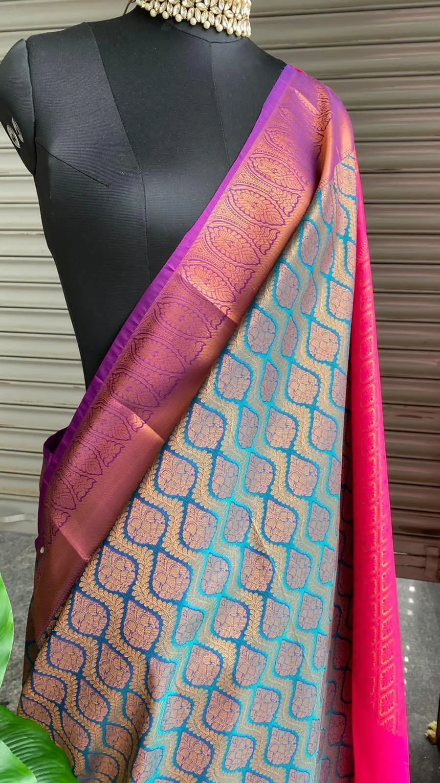 Banarasi Blue and pink silk saree with blouse