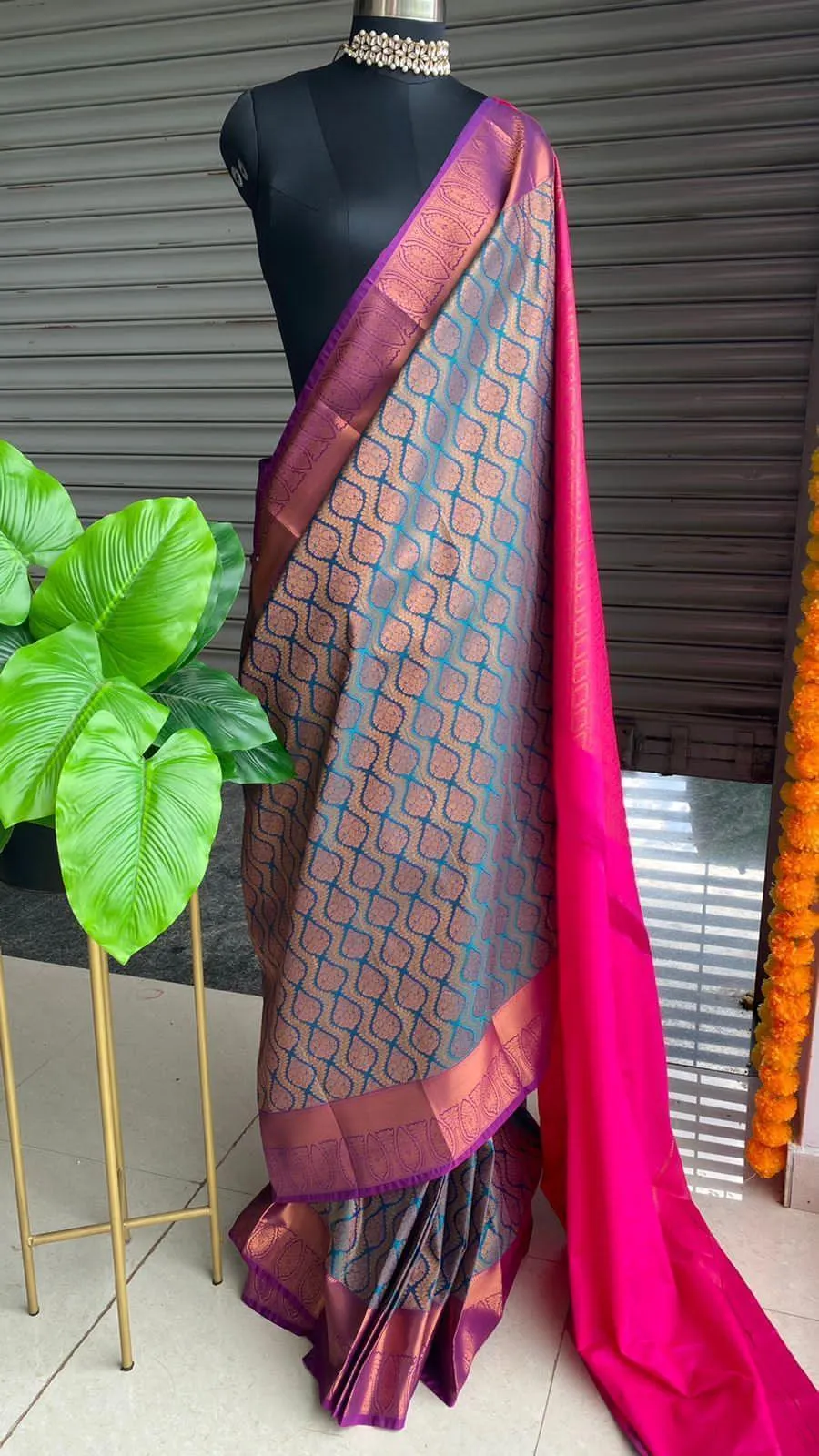 Banarasi Blue and pink silk saree with blouse