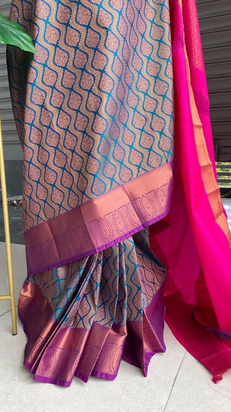 Banarasi Blue and pink silk saree with blouse