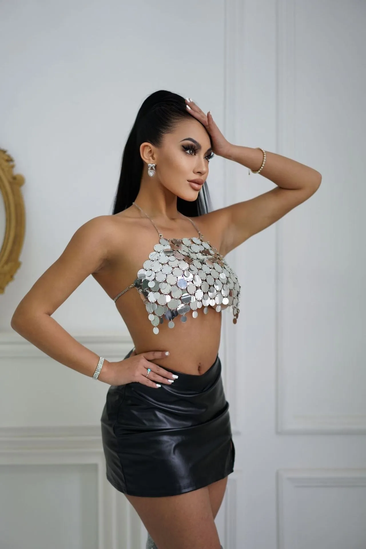 Beaded Sexy Nightclub Handmade Bare Back Halter Crop Tops Wholesale Women'S Tops