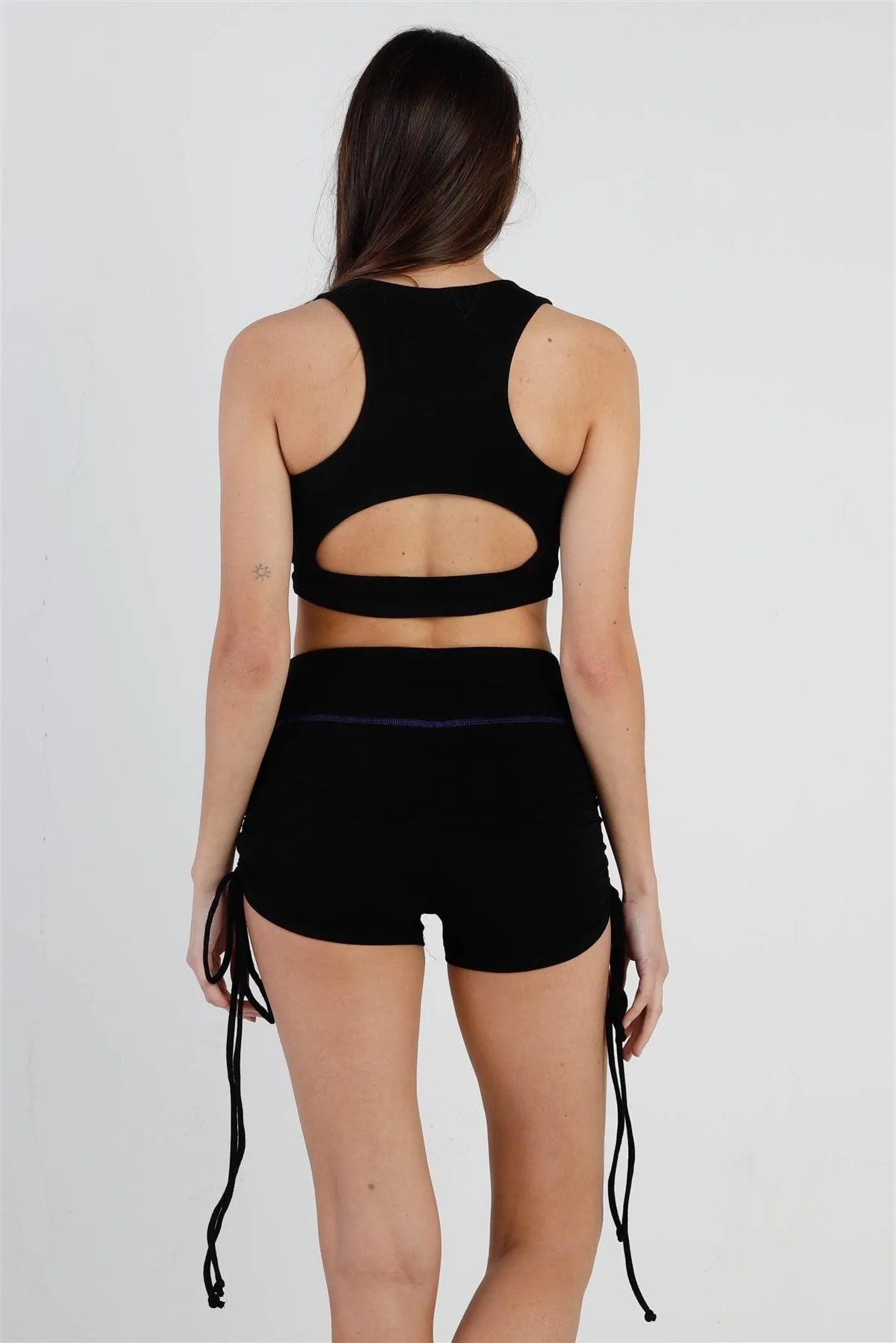 Black Contrast Stitch Zip-Up Racer Back Crop Top & Ruched Details Short Set /3-2-1