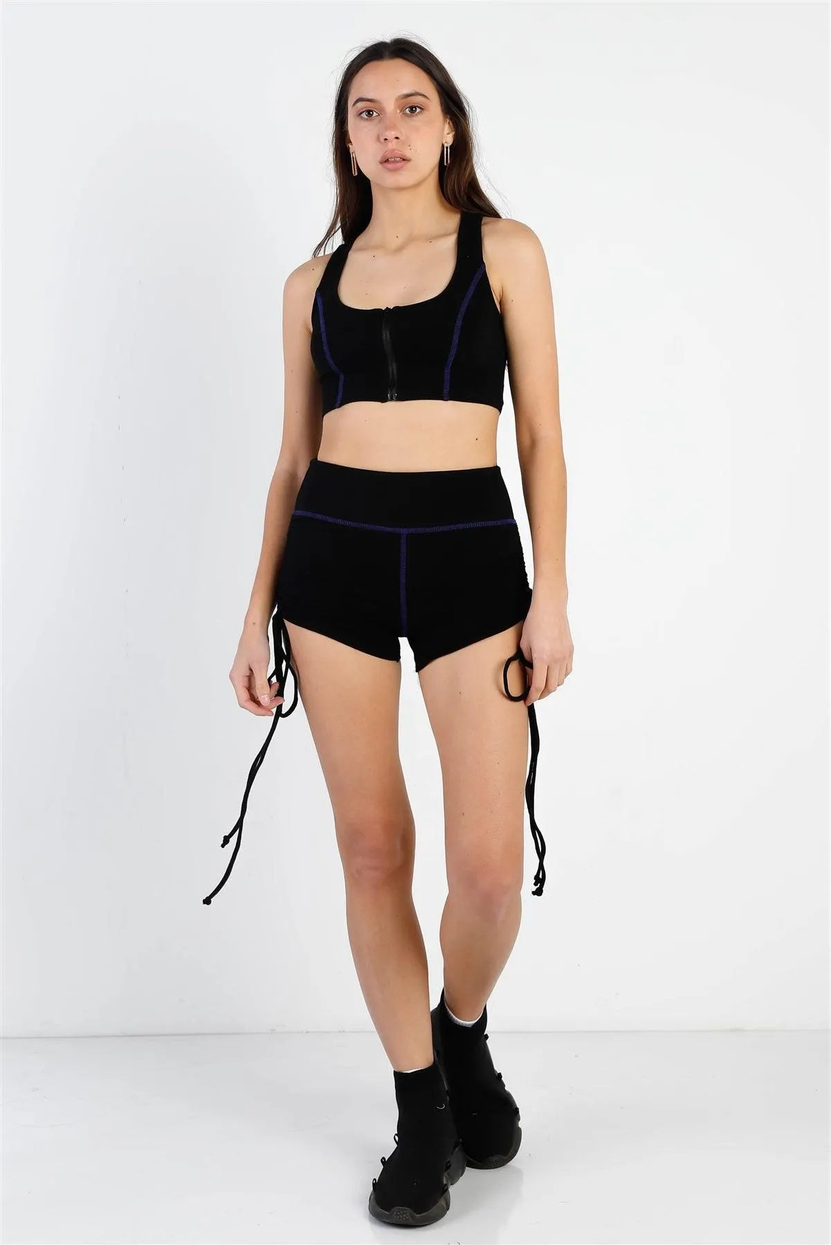 Black Contrast Stitch Zip-Up Racer Back Crop Top & Ruched Details Short Set /3-2-1