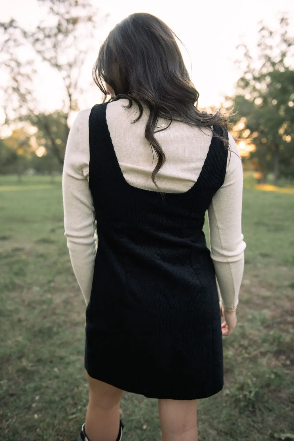 Black Corduroy Pinafore Mini Dress