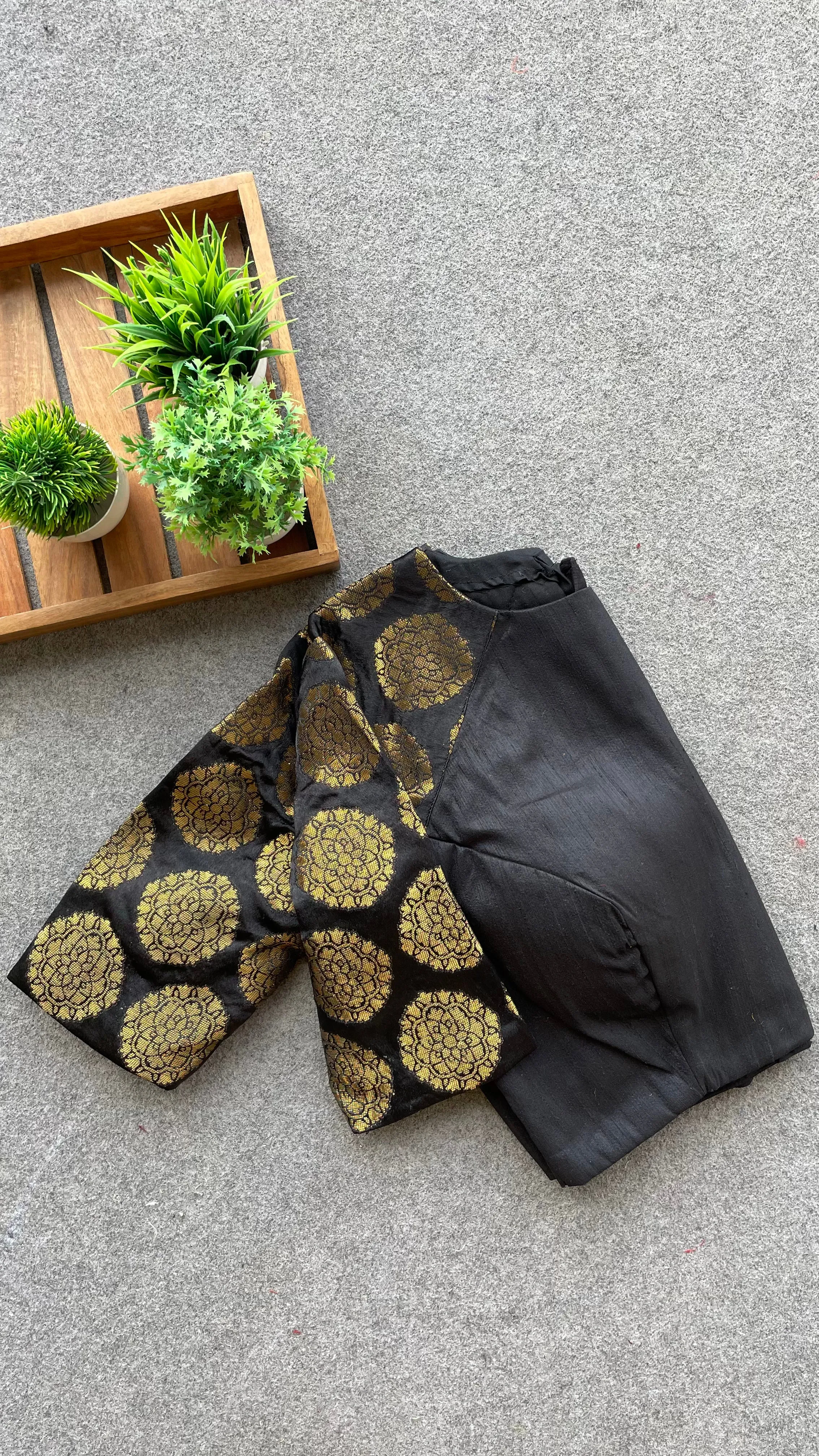 Black silk banarasi gold sleeve blouse