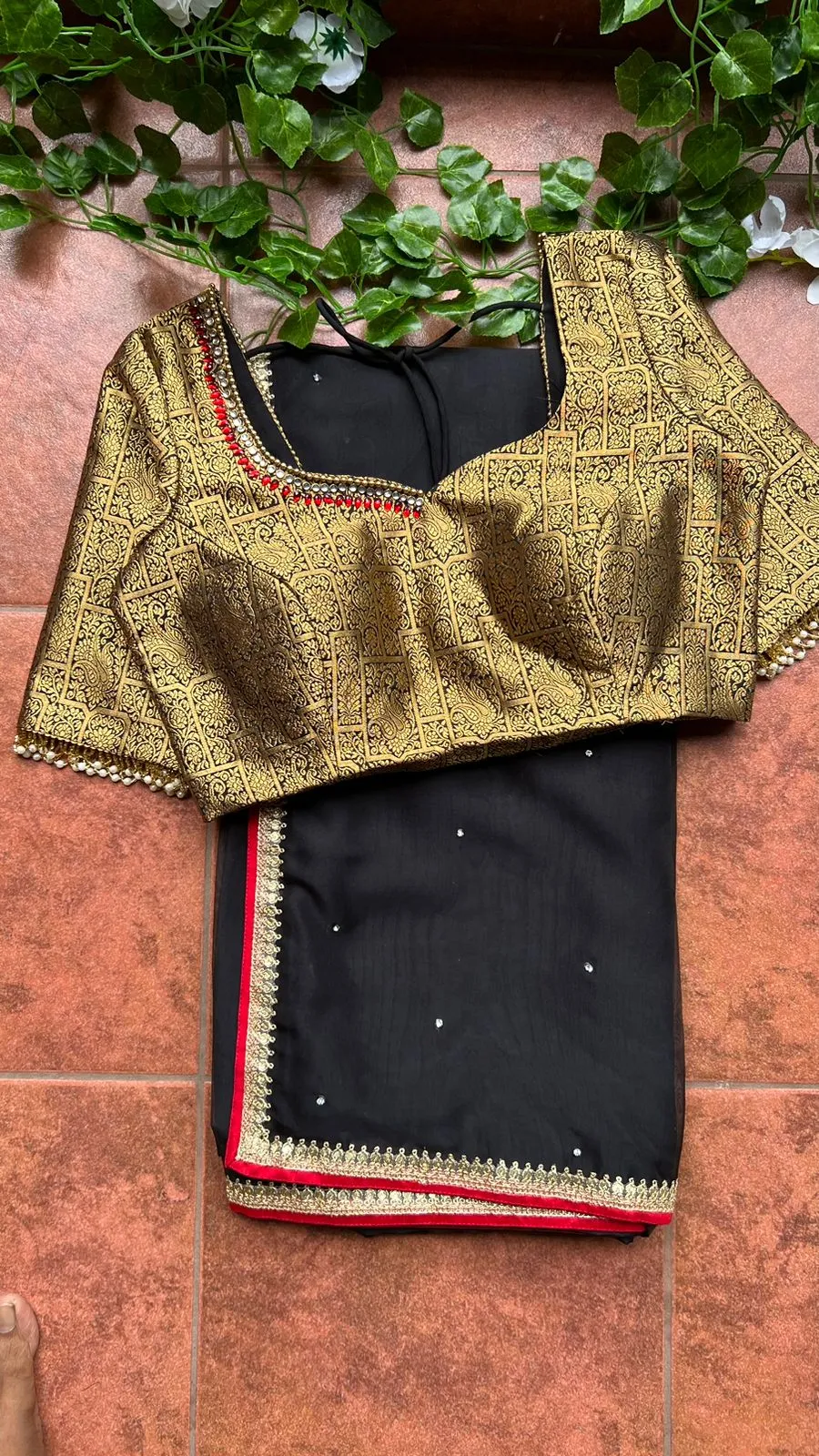 Black silk saree with kanjivaram handwork blouse