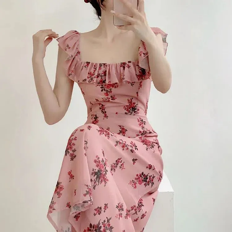 Chic Vintage Flouncing Square Collar Floral Print Slip Dress