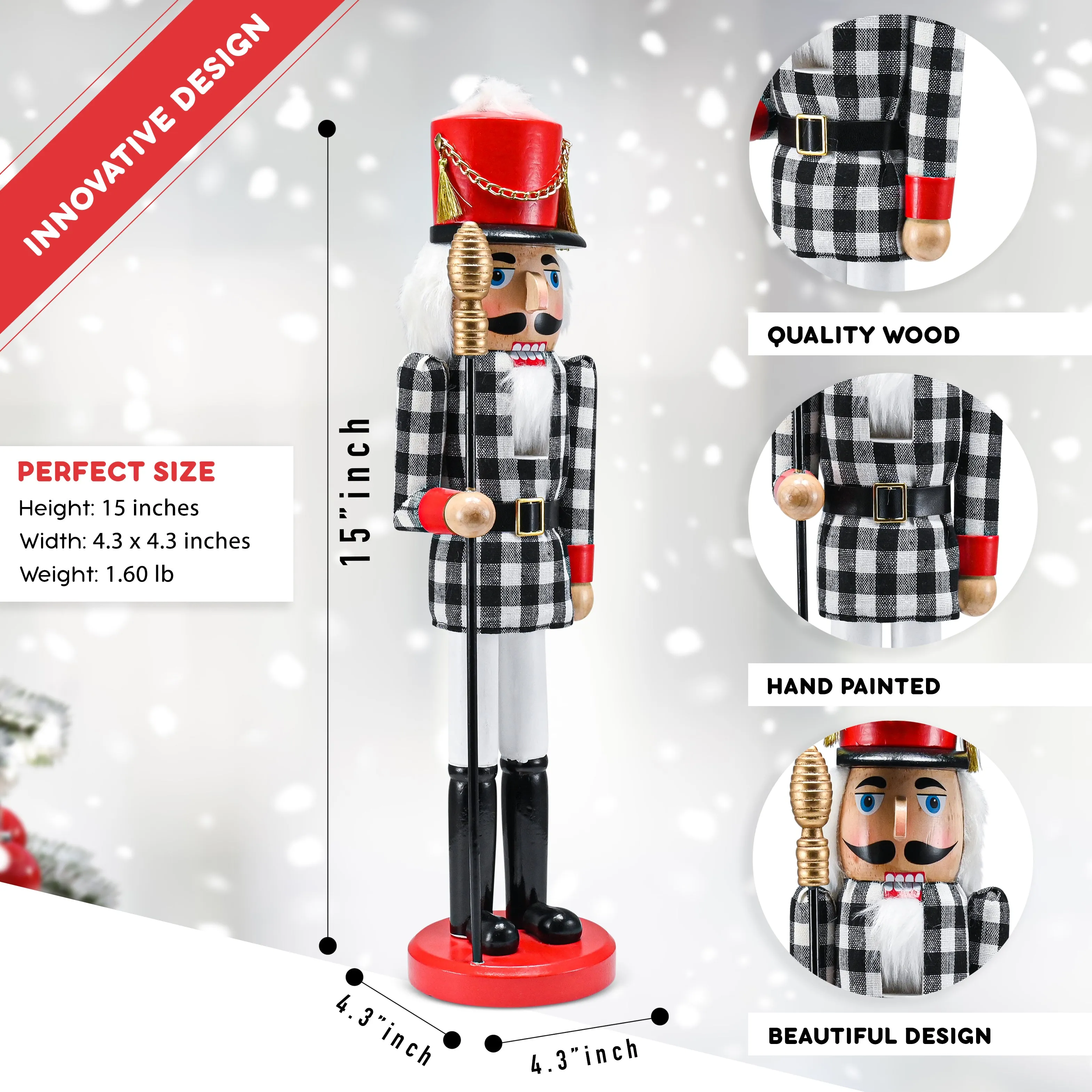 Christmas Checkered Soldier Nutcracker – Black and White Wooden Nutcracker Toy Soldier Knight with a Staff in Hand Xmas Themed Holiday Nut Cracker Doll Figure Decorations