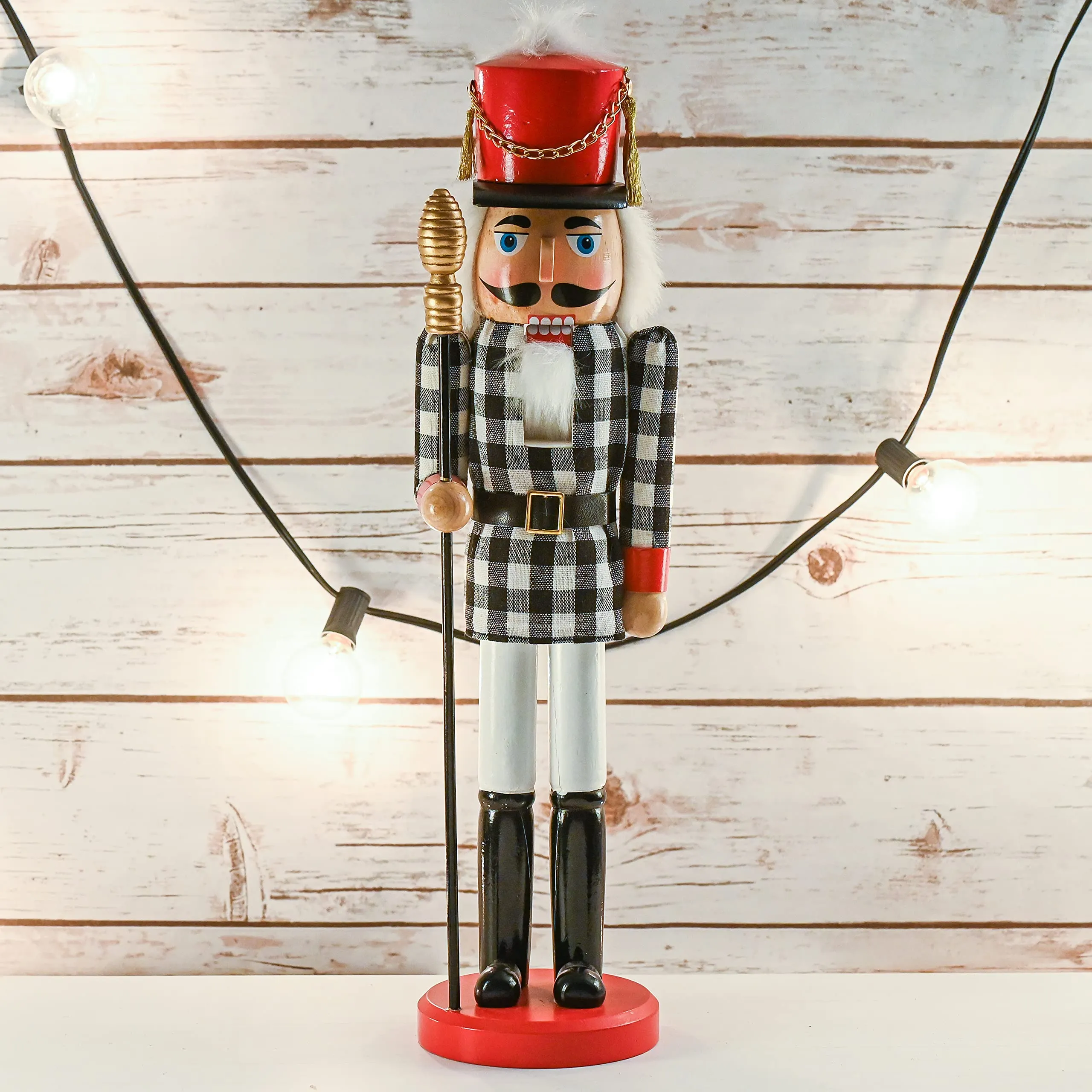 Christmas Checkered Soldier Nutcracker – Black and White Wooden Nutcracker Toy Soldier Knight with a Staff in Hand Xmas Themed Holiday Nut Cracker Doll Figure Decorations