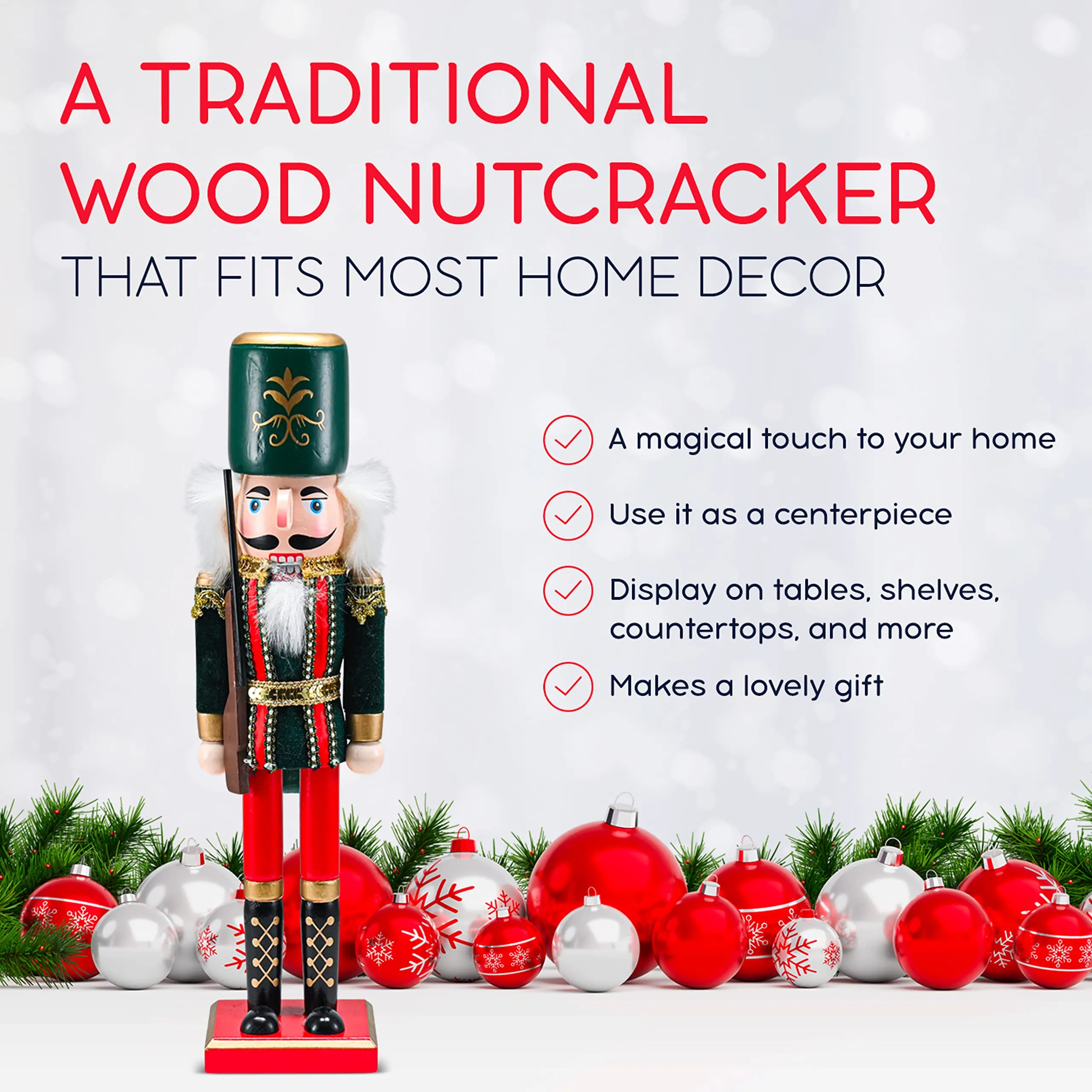 Christmas Toy Soldier Nutcracker – Red and Black Wooden Nutcracker Soldier with a Rifle Gun Xmas Themed Holiday Nut Cracker Doll Figure Decorations