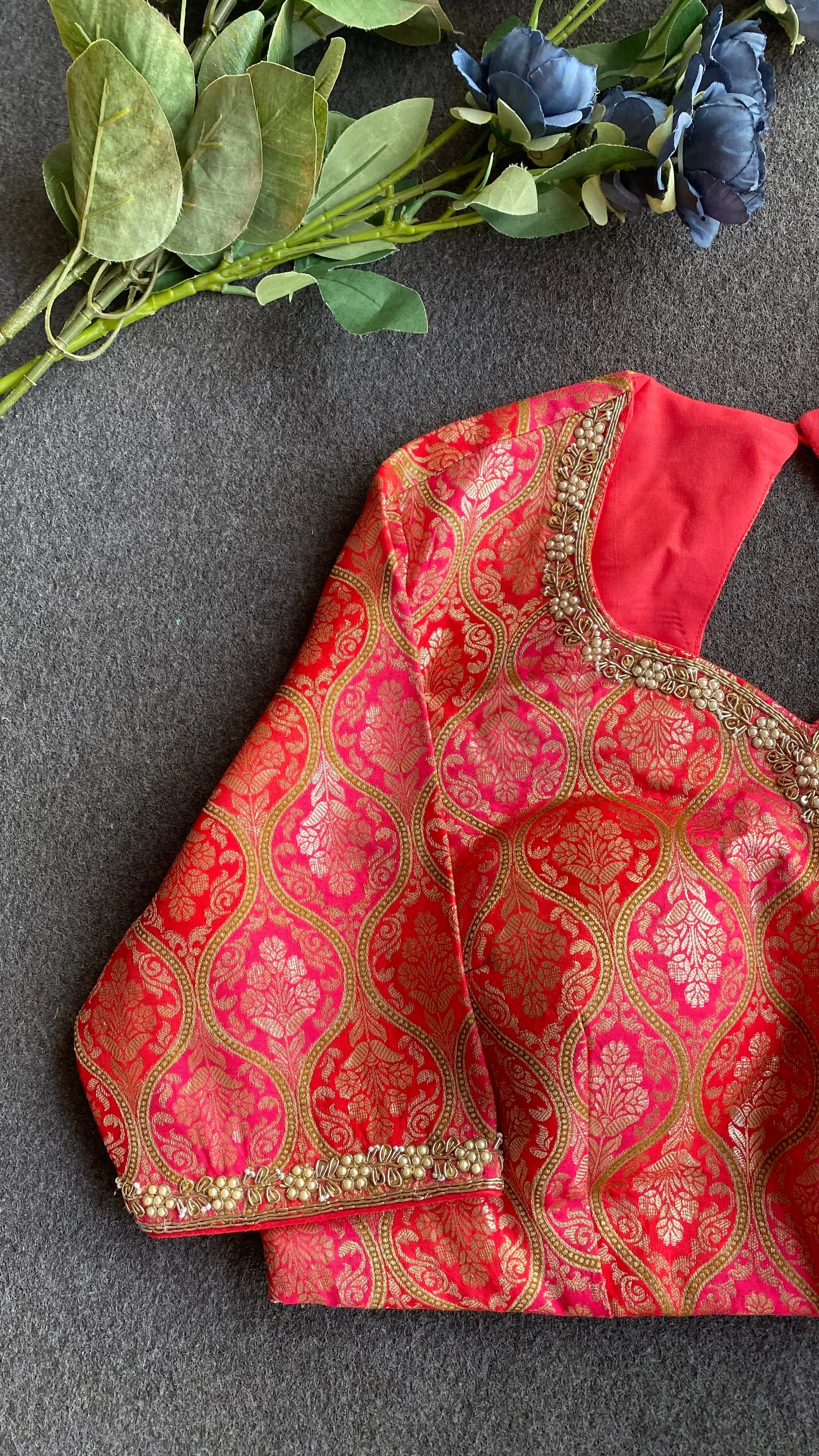 Copper stripped tissue saree with banarasi blouse