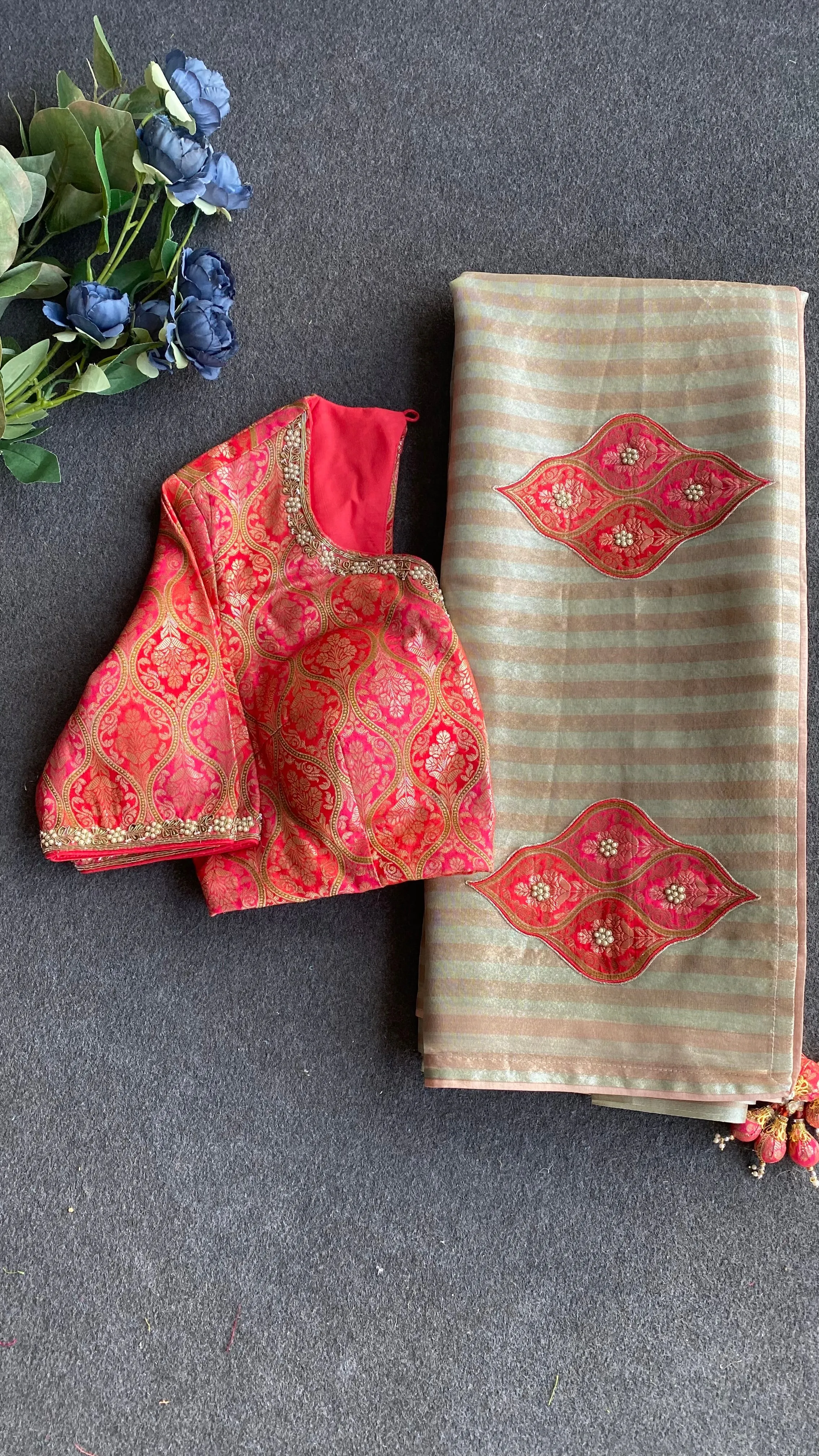 Copper stripped tissue saree with banarasi blouse