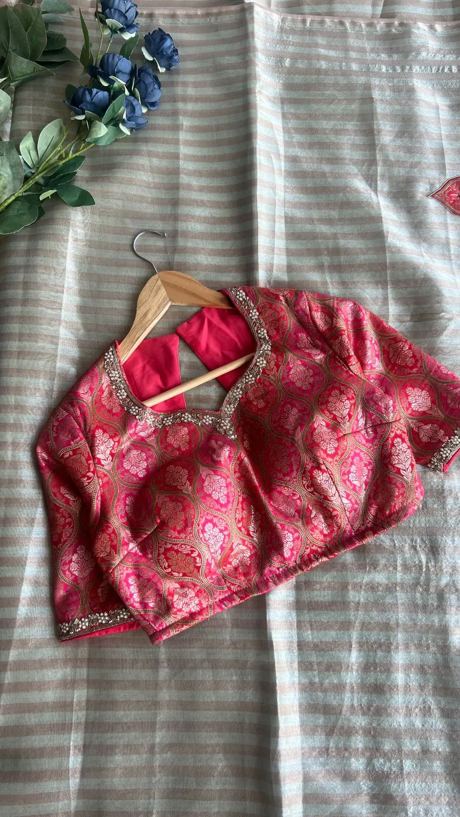 Copper stripped tissue saree with banarasi blouse