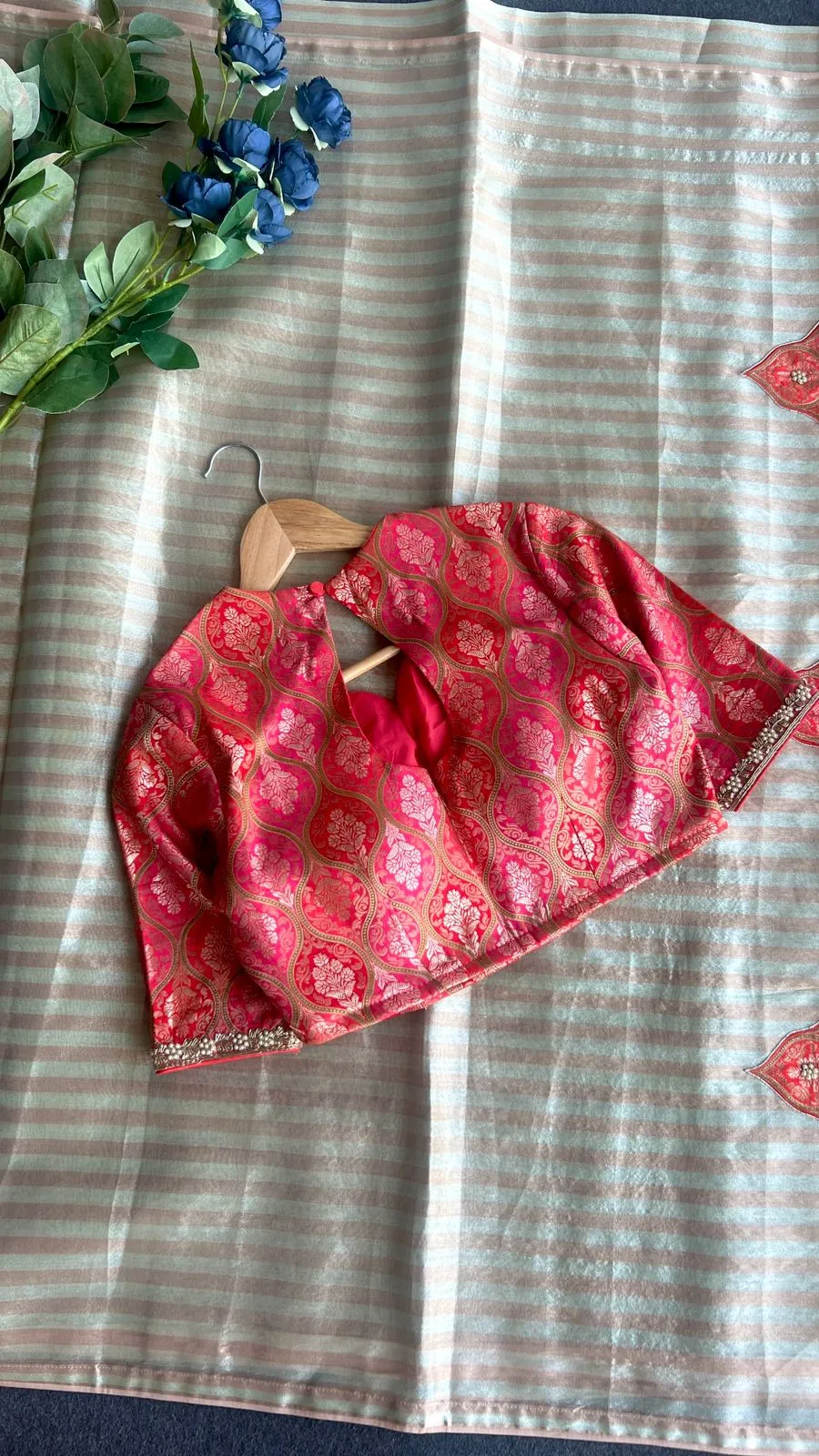 Copper stripped tissue saree with banarasi blouse