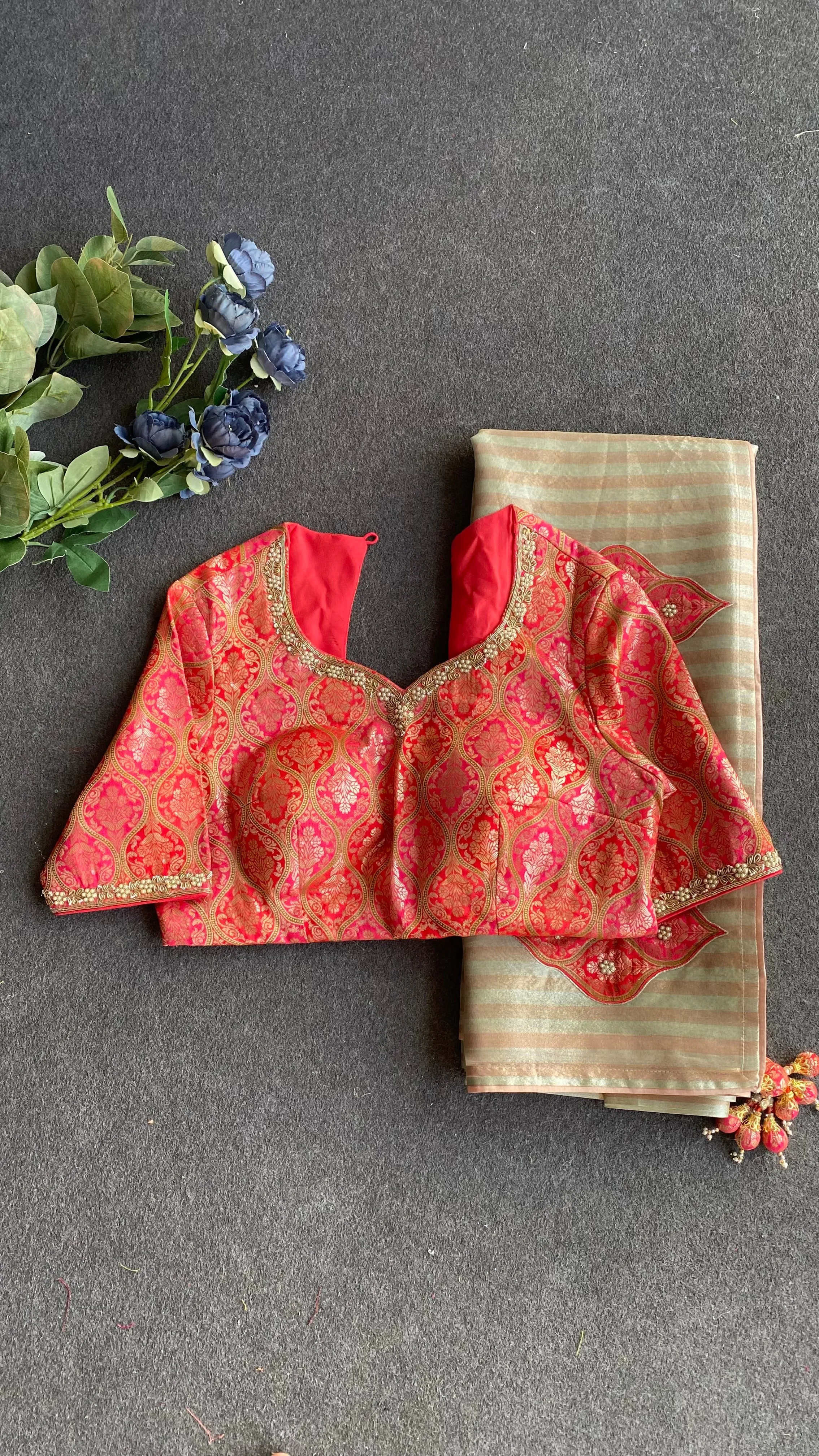 Copper stripped tissue saree with banarasi blouse