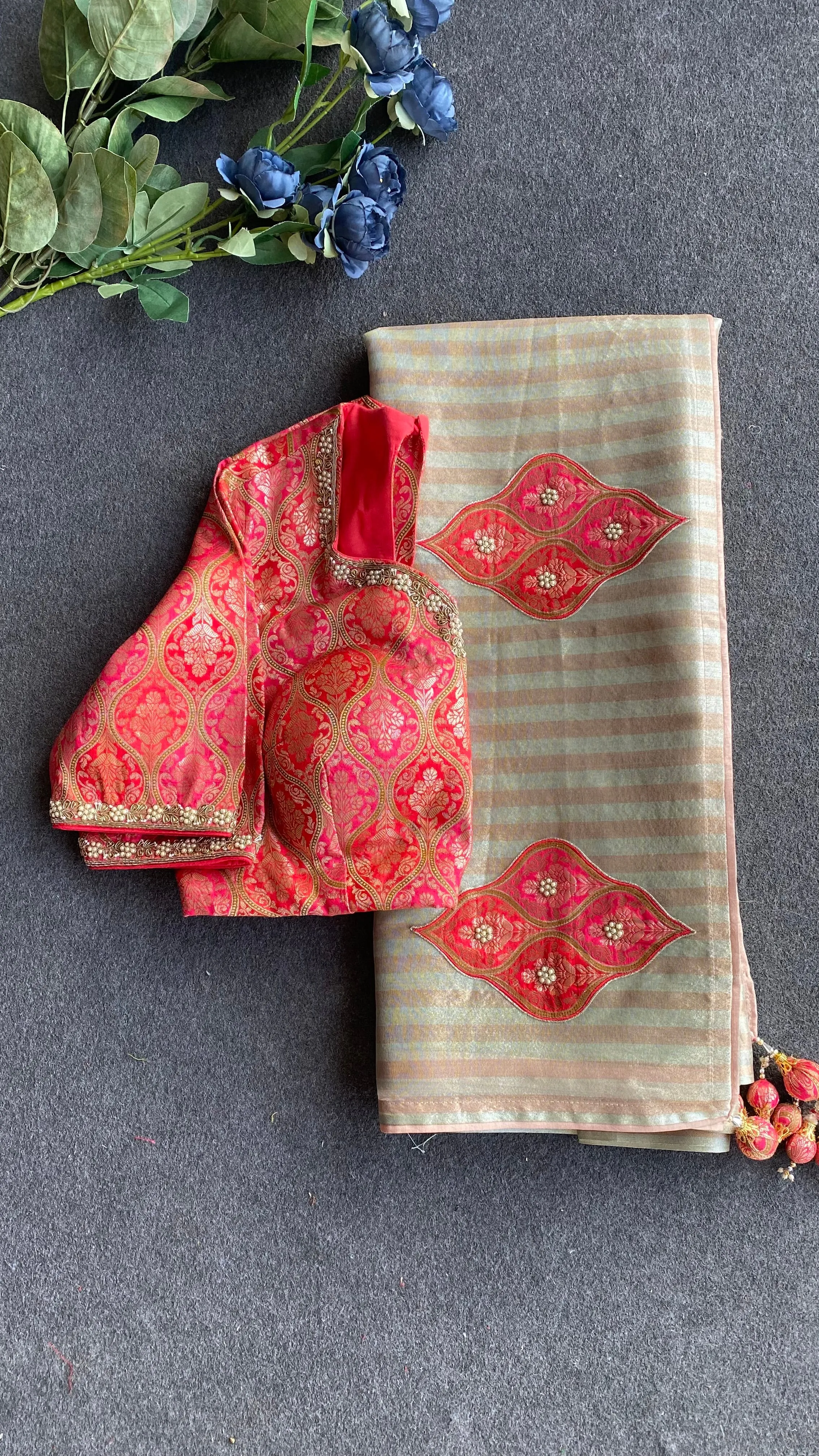 Copper stripped tissue saree with banarasi blouse