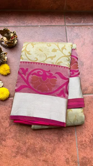 Cream and Pink kanchipuram silk saree with blouse