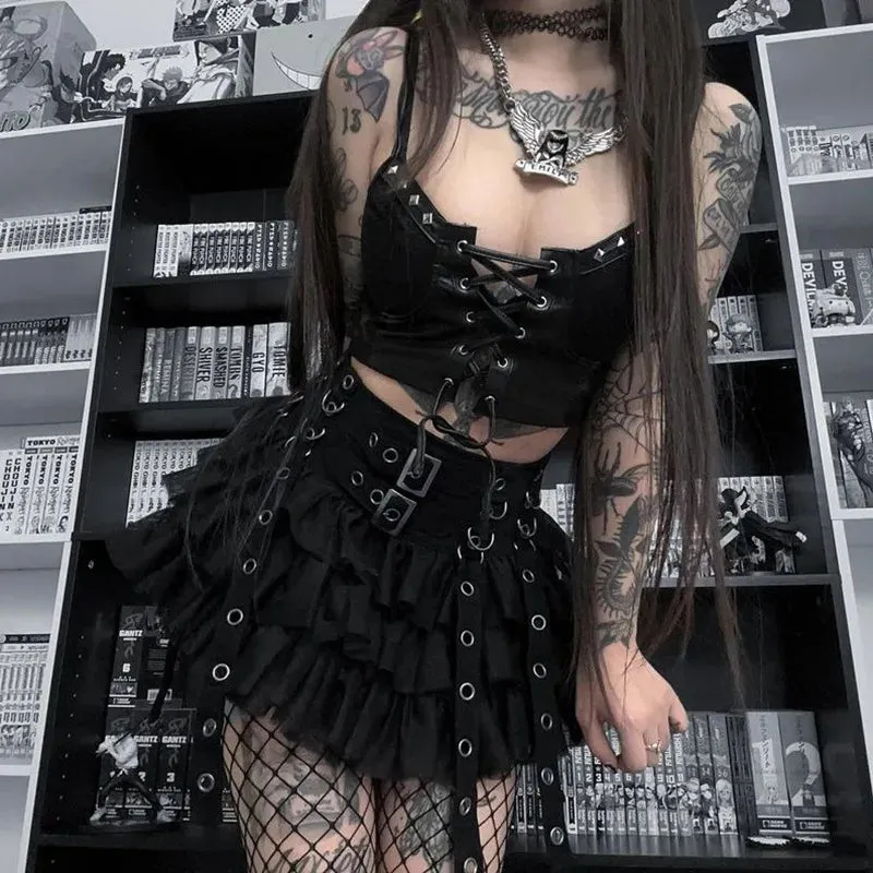 Cyber Lace-up Leather Y2K Gothic Crop Emo PU Grunge Top