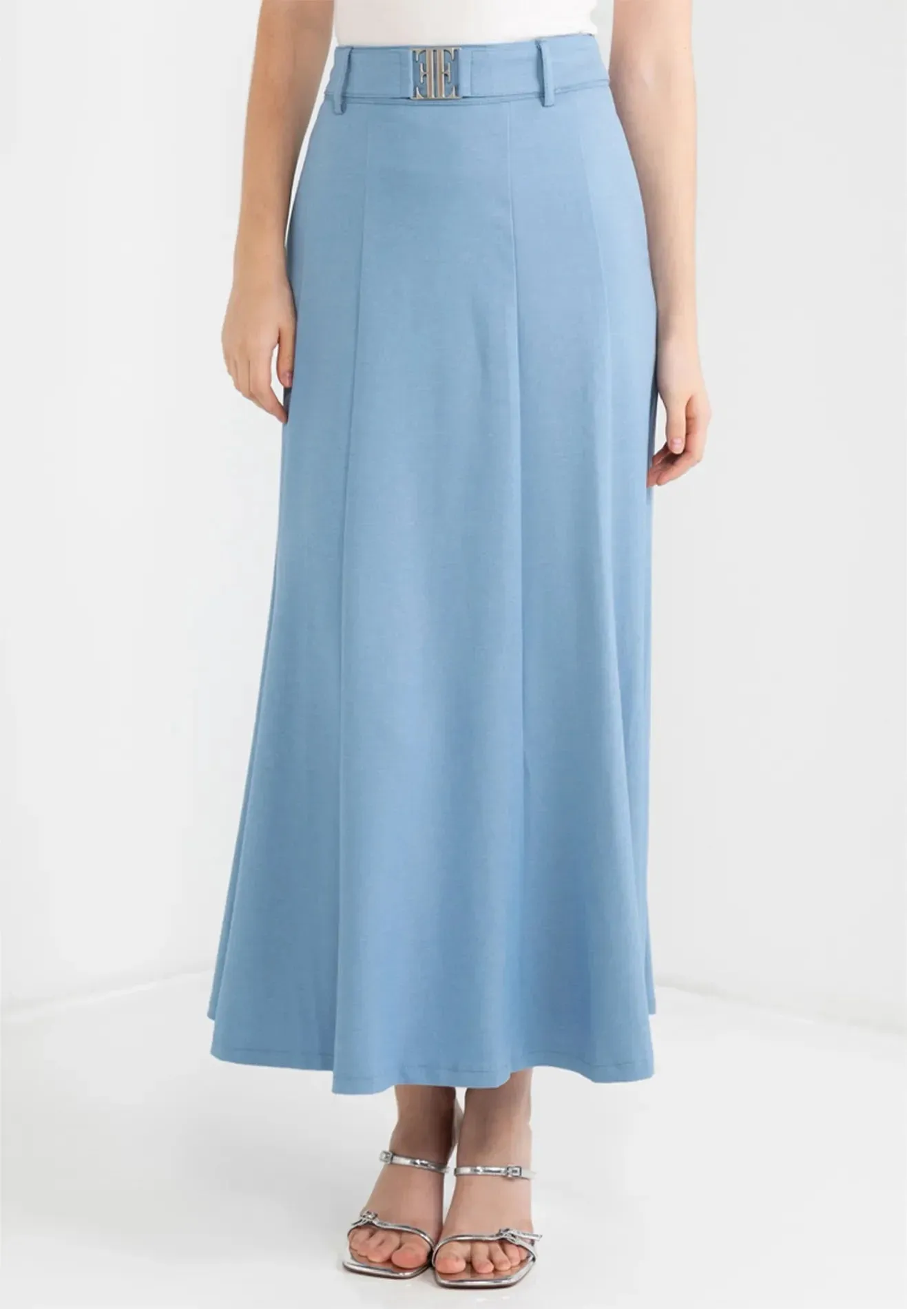 Denim Logo Belted Flare Maxi Skirt