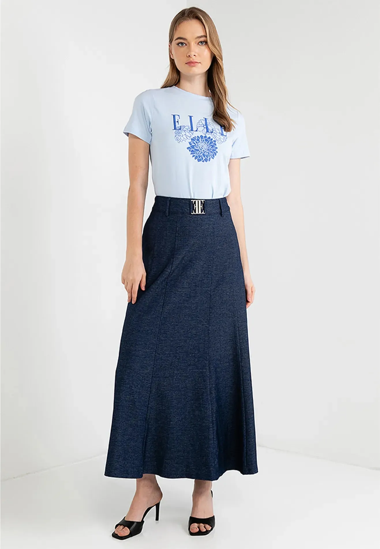 Denim Logo Belted Flare Maxi Skirt