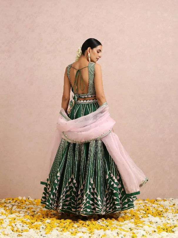 Emerald Green Sleeveless Hand Embroidered Silk Lehenga Set (Set of 3)