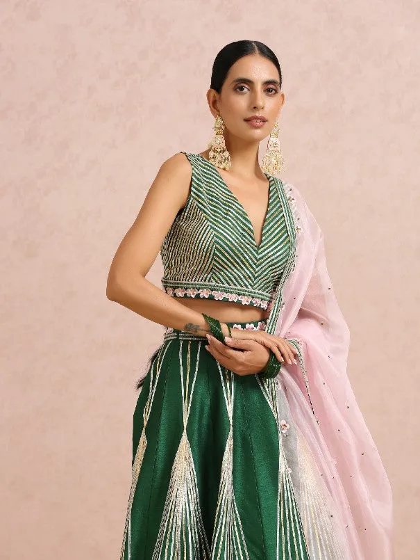 Emerald Green Sleeveless Hand Embroidered Silk Lehenga Set (Set of 3)