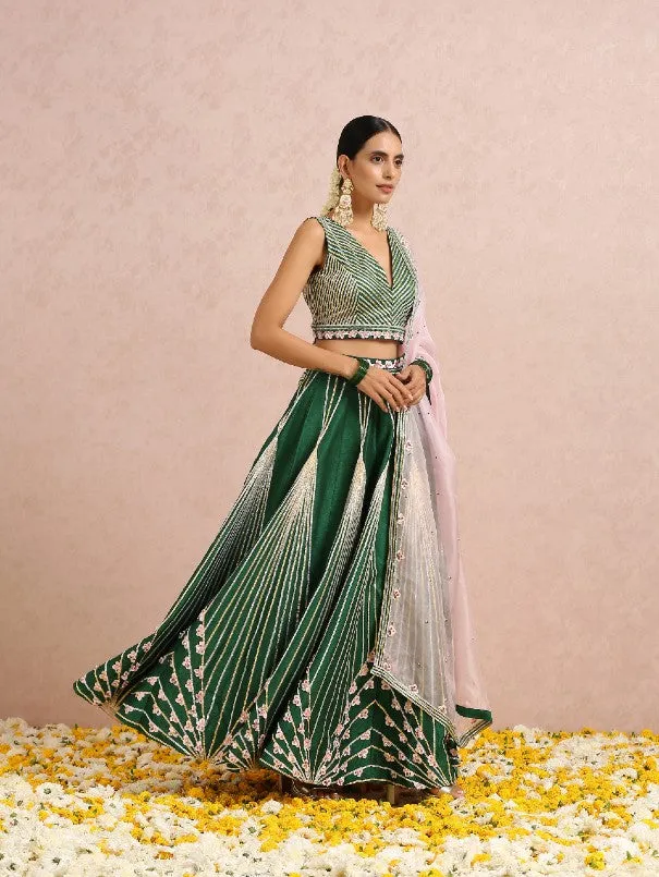 Emerald Green Sleeveless Hand Embroidered Silk Lehenga Set (Set of 3)