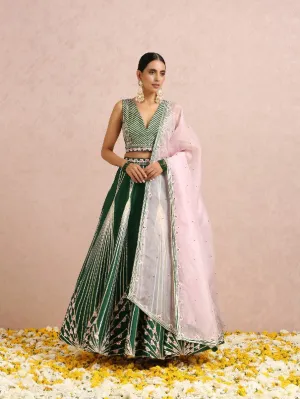 Emerald Green Sleeveless Hand Embroidered Silk Lehenga Set (Set of 3)