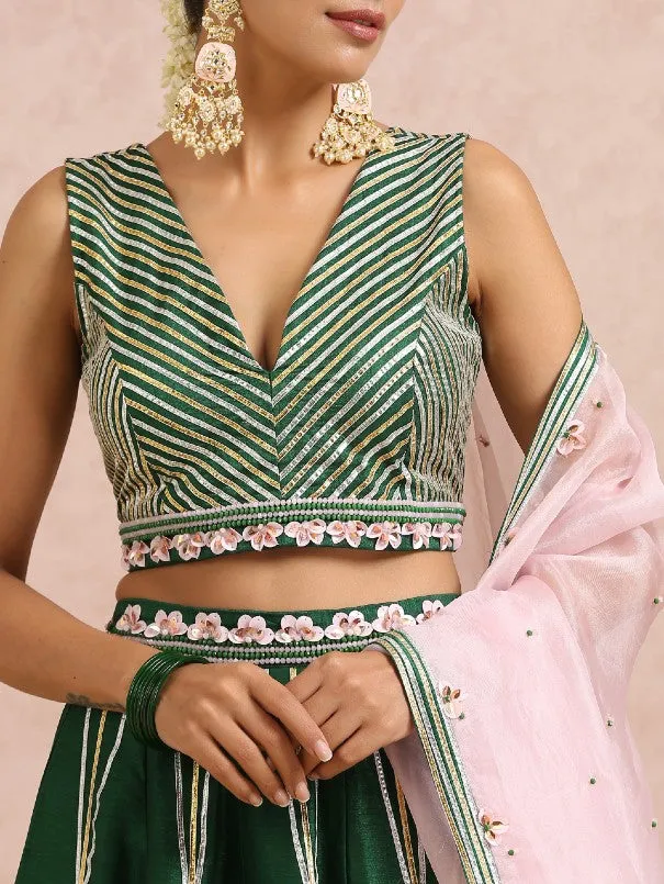 Emerald Green Sleeveless Hand Embroidered Silk Lehenga Set (Set of 3)