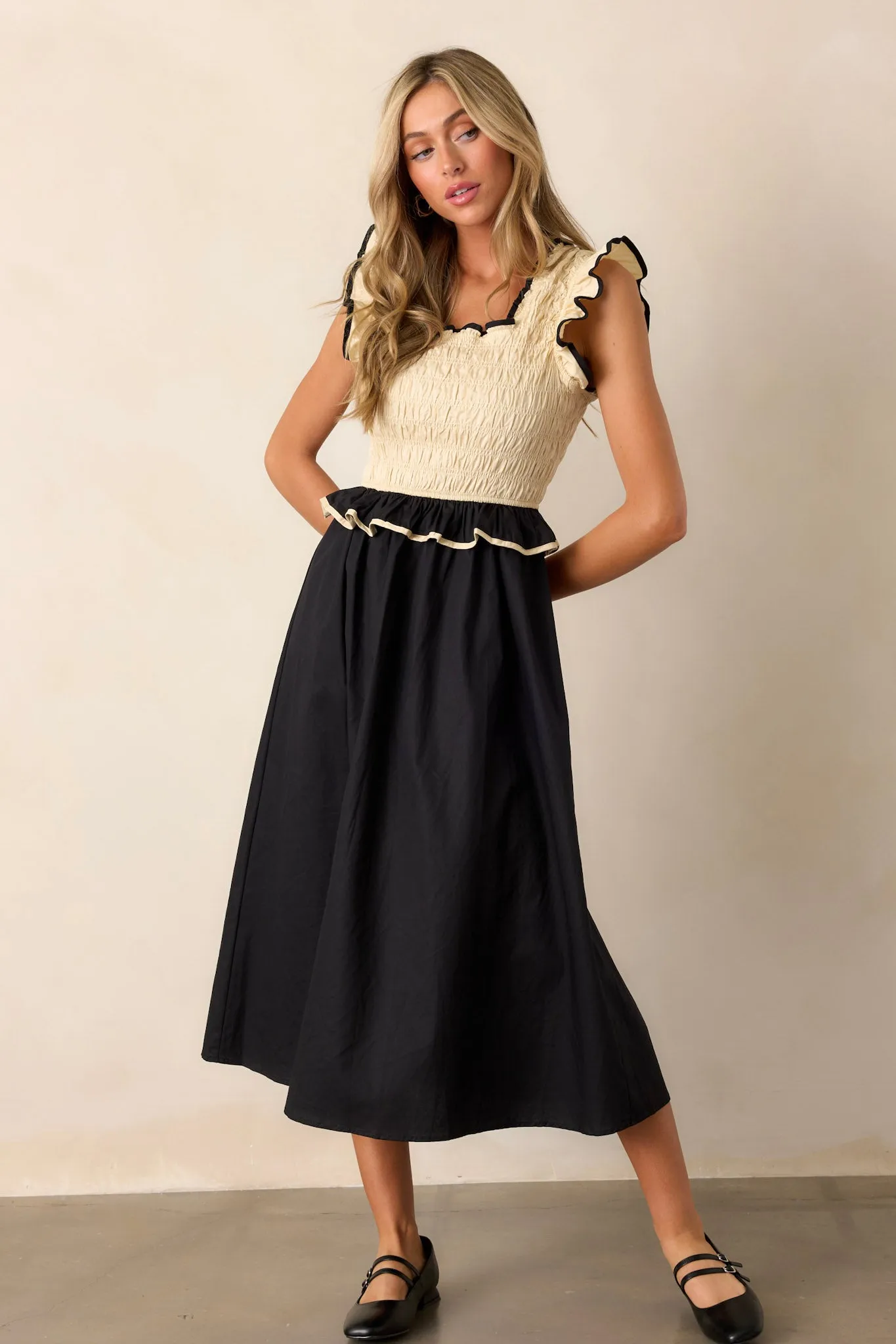 Endless Love 100% Cotton Ivory & Black Smocked Midi Dress