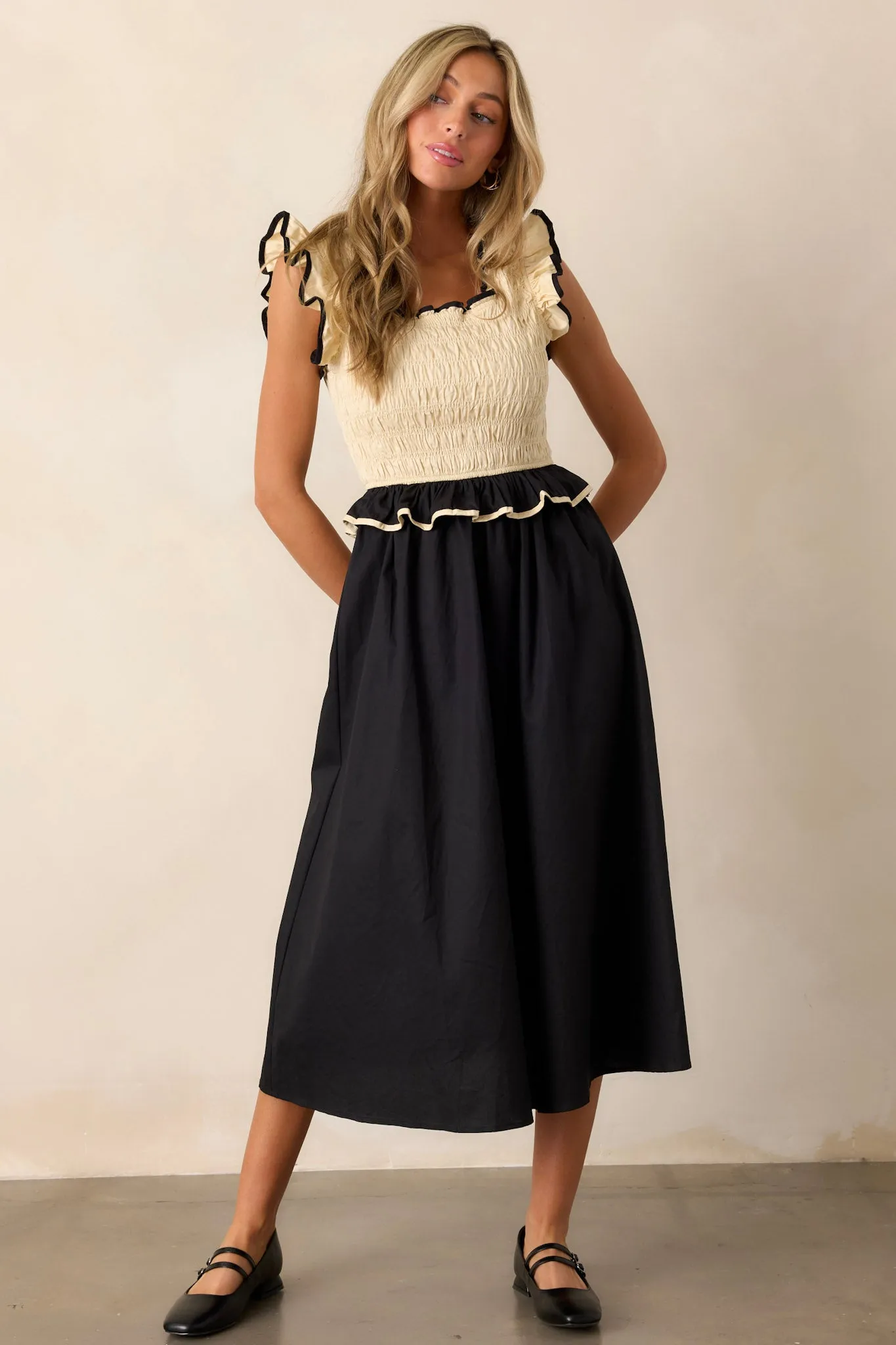 Endless Love 100% Cotton Ivory & Black Smocked Midi Dress