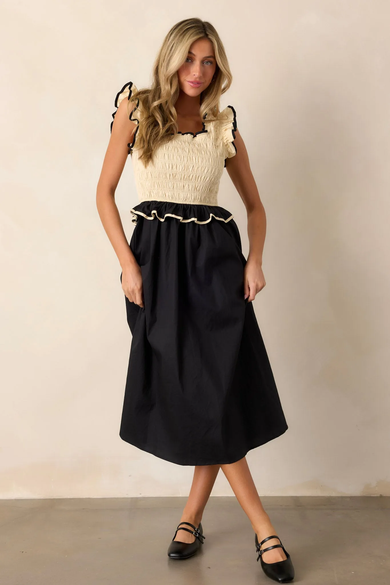 Endless Love 100% Cotton Ivory & Black Smocked Midi Dress