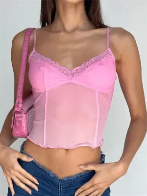 Fairy Sexy Women Sleeveless V-neck See-through Y2K Slim Mini Chic Aesthetics Crosets 2024 Crop Top