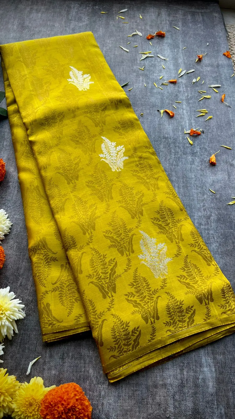 Fenugreek yellow kanjivaram silk saree with blouse