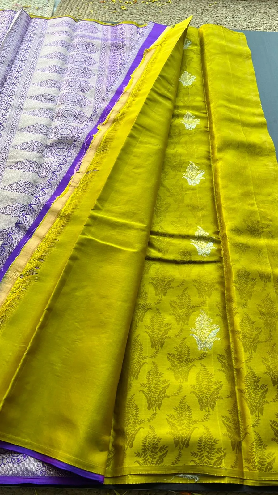 Fenugreek yellow kanjivaram silk saree with blouse