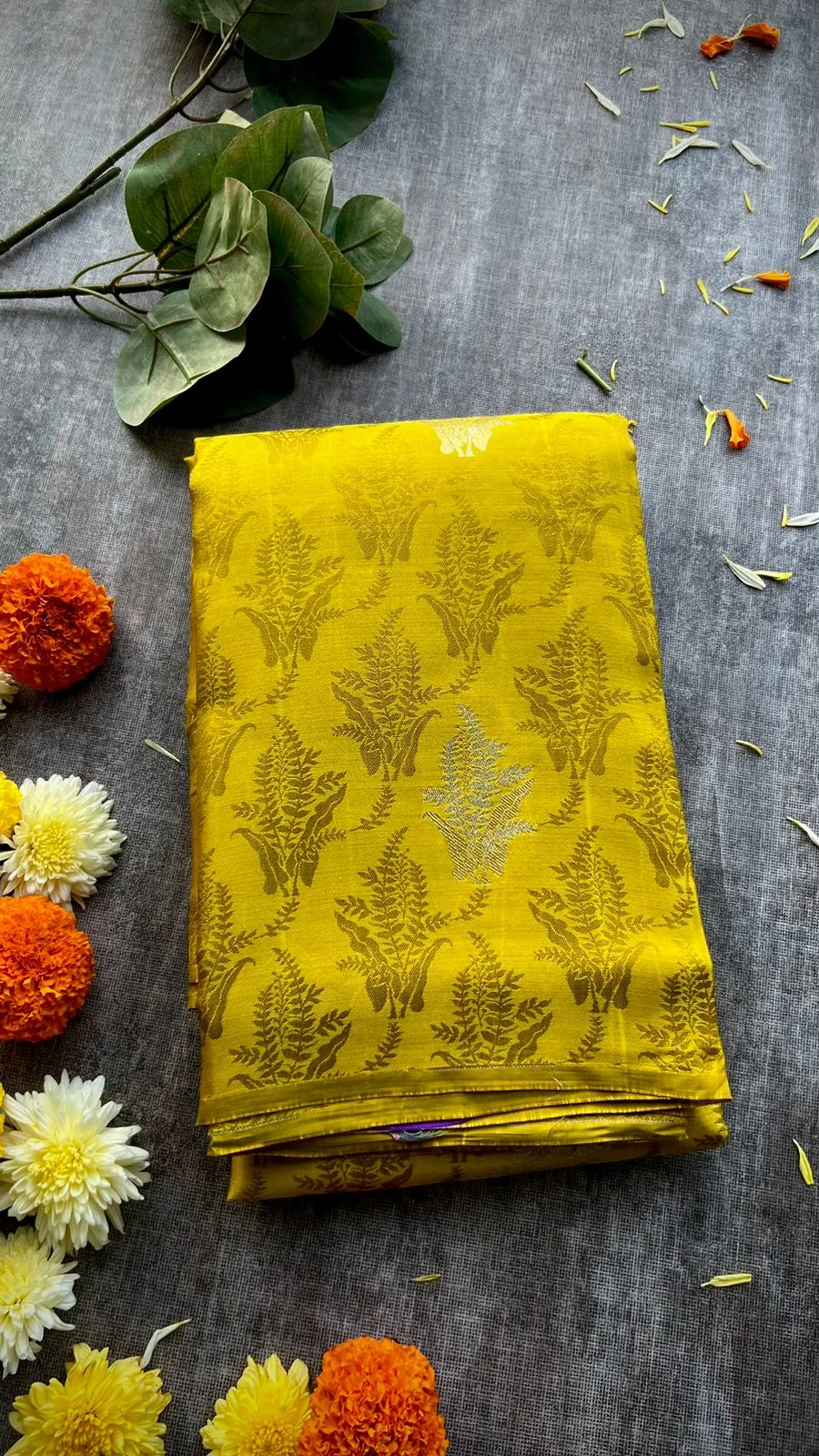 Fenugreek yellow kanjivaram silk saree with blouse