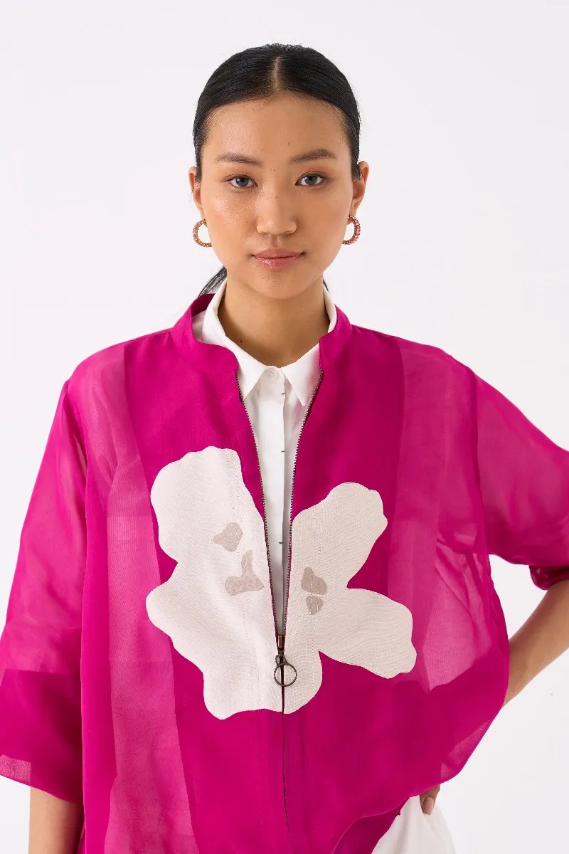 Floral Applique Bomber Jacket Fuschia