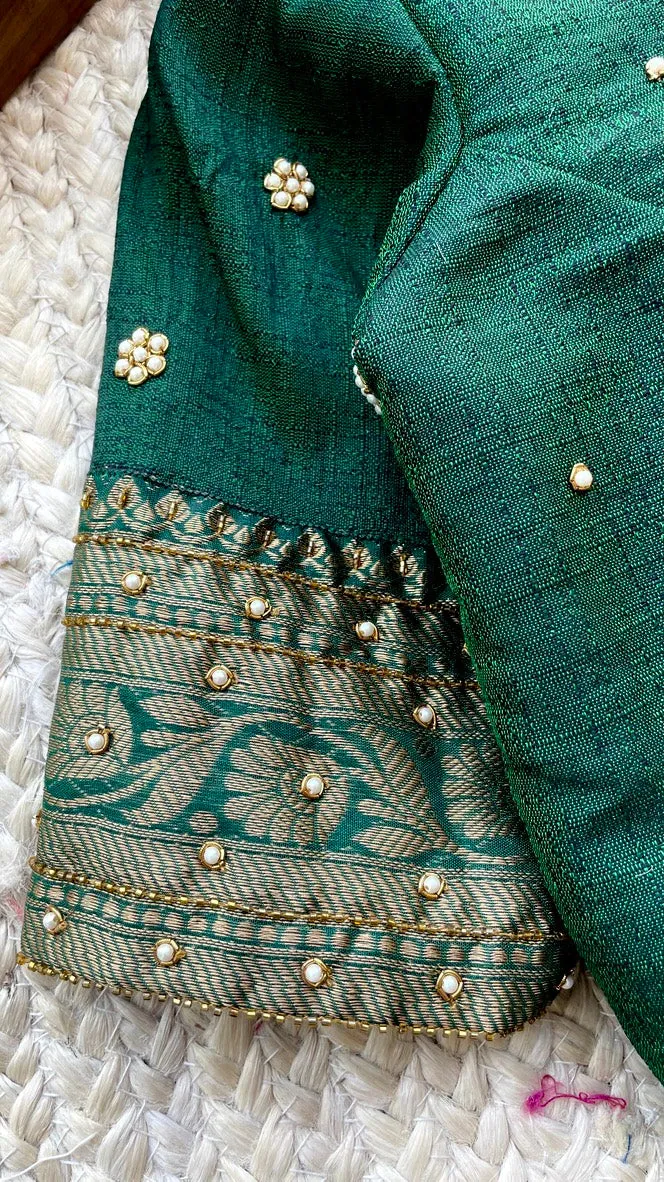 (Free full draping ) Green chanderi silk saree with hand worked blouse