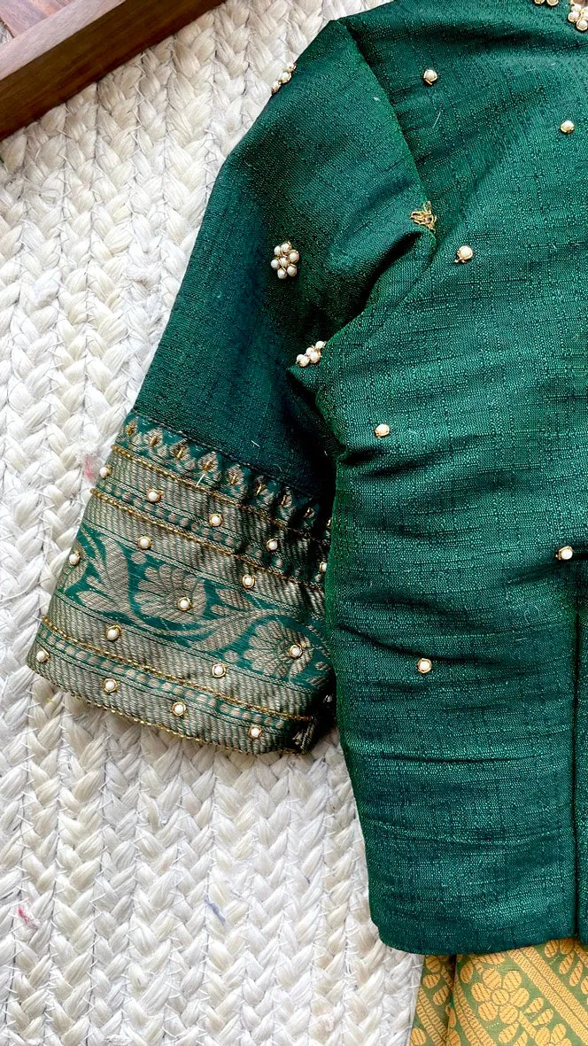 (Free full draping ) Green chanderi silk saree with hand worked blouse