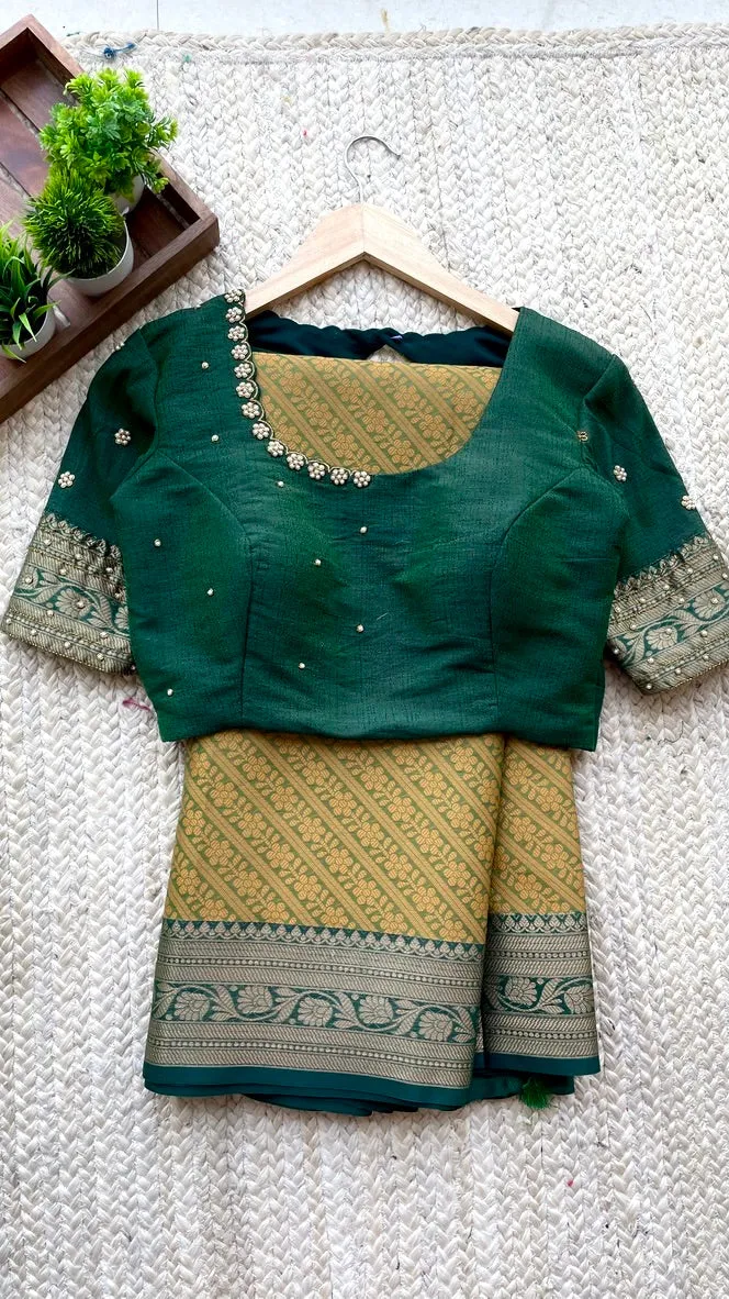 (Free full draping ) Green chanderi silk saree with hand worked blouse